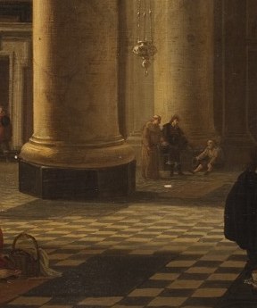 A solitary worshipper in prayer creates a human counterpoint to the vast architecture, emphasizing the smallness of the individual before the sacred space.