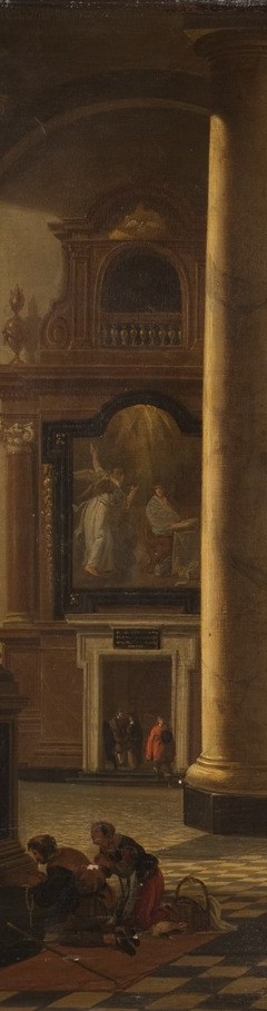 The column's enormous girth and warm tonality anchor the composition; Houckgeest uses it to force an oblique perspective unusual for Dutch church interiors.