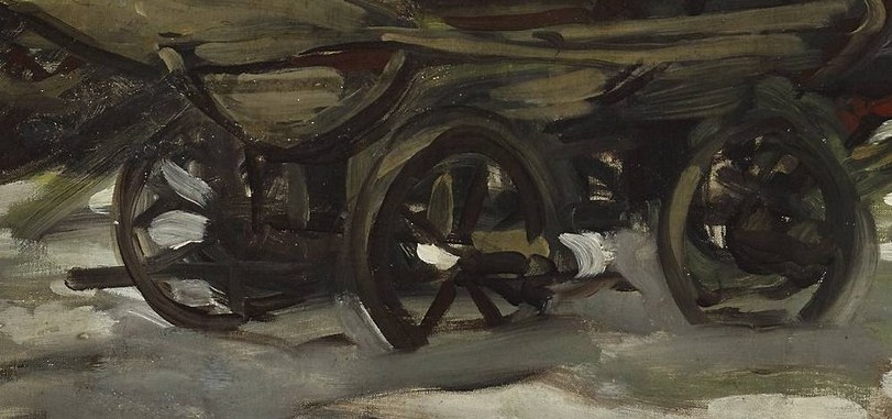 The thick mud clinging to the wheels emphasizes the difficult terrain and the arduous journey.