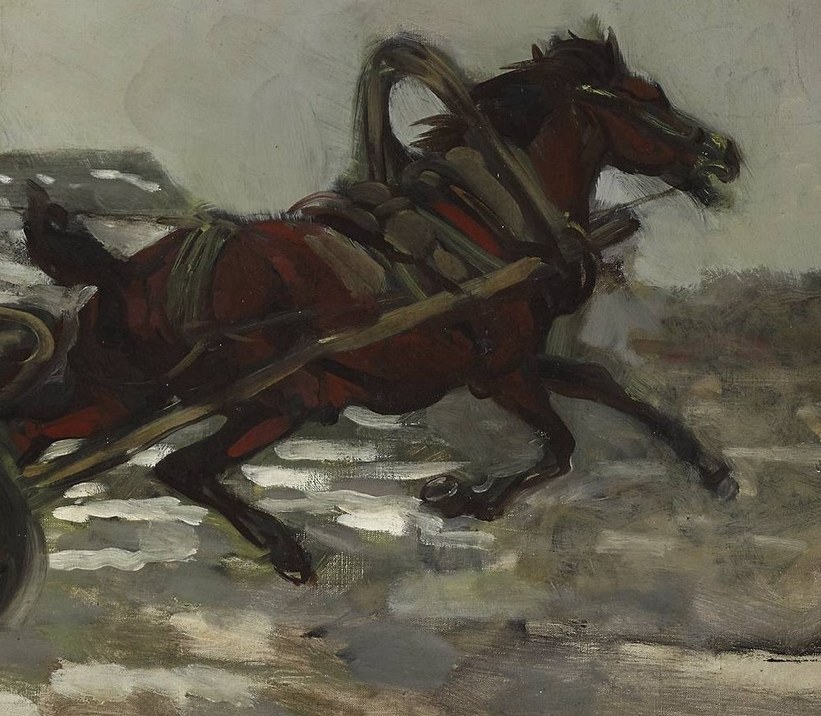 Look at the horse, straining to pull the heavy cart.