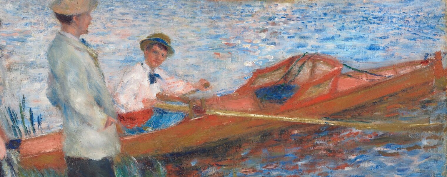 Renoir's most technically adventurous passage , short, distinct dashes of blue, white, and ochre render light on moving water without blending, a demonstration of the Impressionist comma-stroke at its most disciplined.