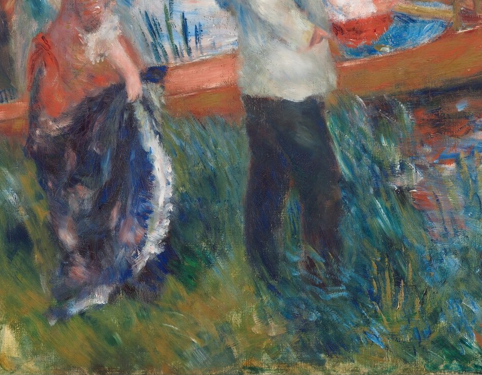 Renoir applies the most varied and energetic brushwork here , greens, yellows, and ochres in small distinct strokes , making the ground itself pulse with afternoon heat rather than lying flat.