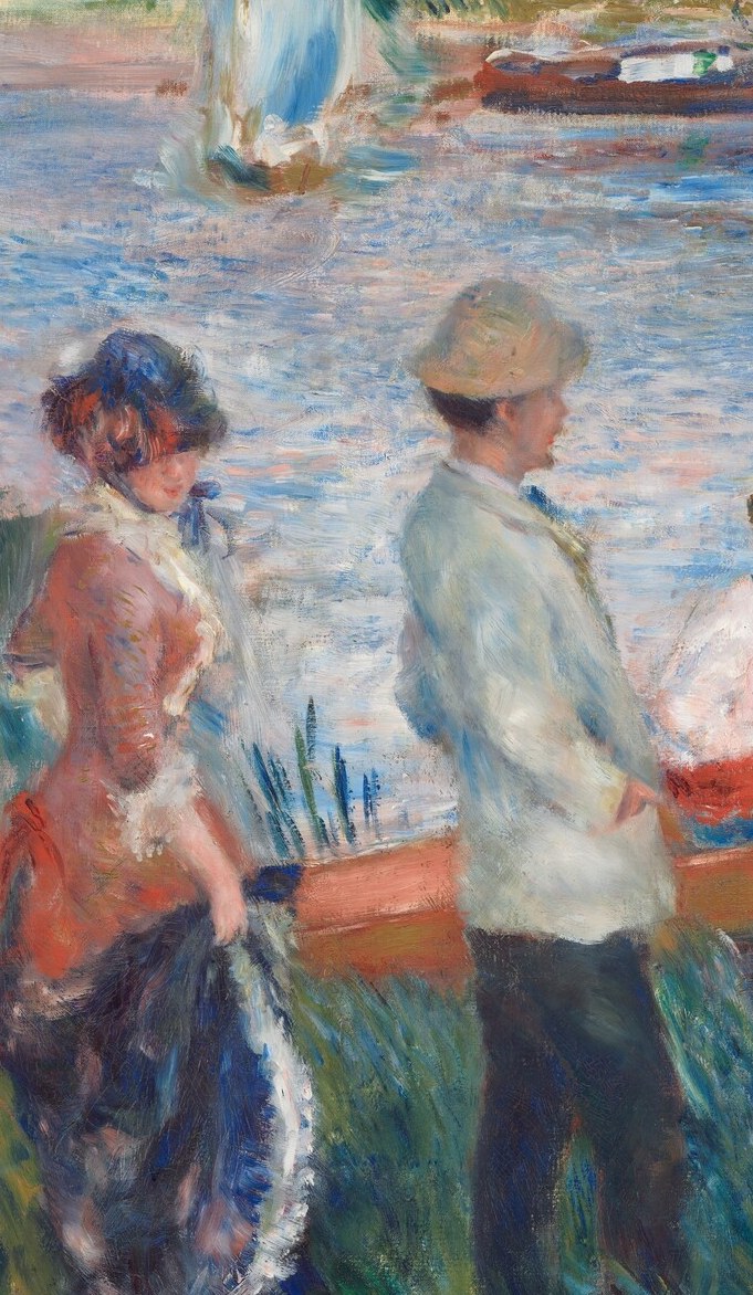 The anchor of the composition; her jacket provides the painting's keynote cool complement to the surrounding orange-warm tones, and she is the only figure facing the viewer directly, drawing the eye as Renoir's future wife.