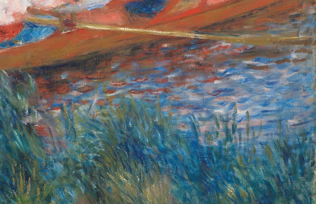 The literal subject of the outing; its warm orange-brown hull runs diagonally across the lower third, the strongest directional line in the composition, pulling the eye into depth.