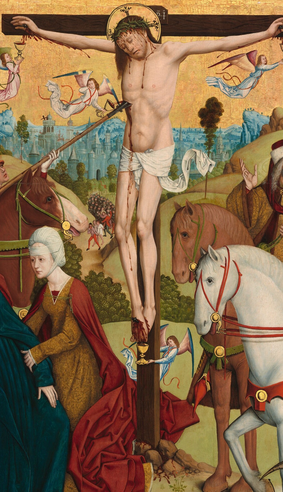 The focal axis of the entire composition; the outstretched arms and tilted head define the painting's emotional center and invite contemplation of sacrifice.