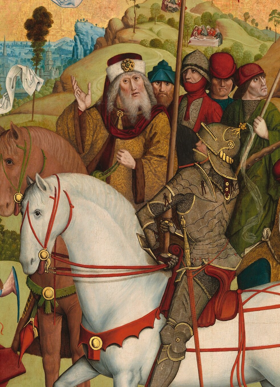 The vivid crimson banner is the strongest color note in the painting, directing the eye rightward and signaling Roman imperial authority contrasting with Christ's humility.