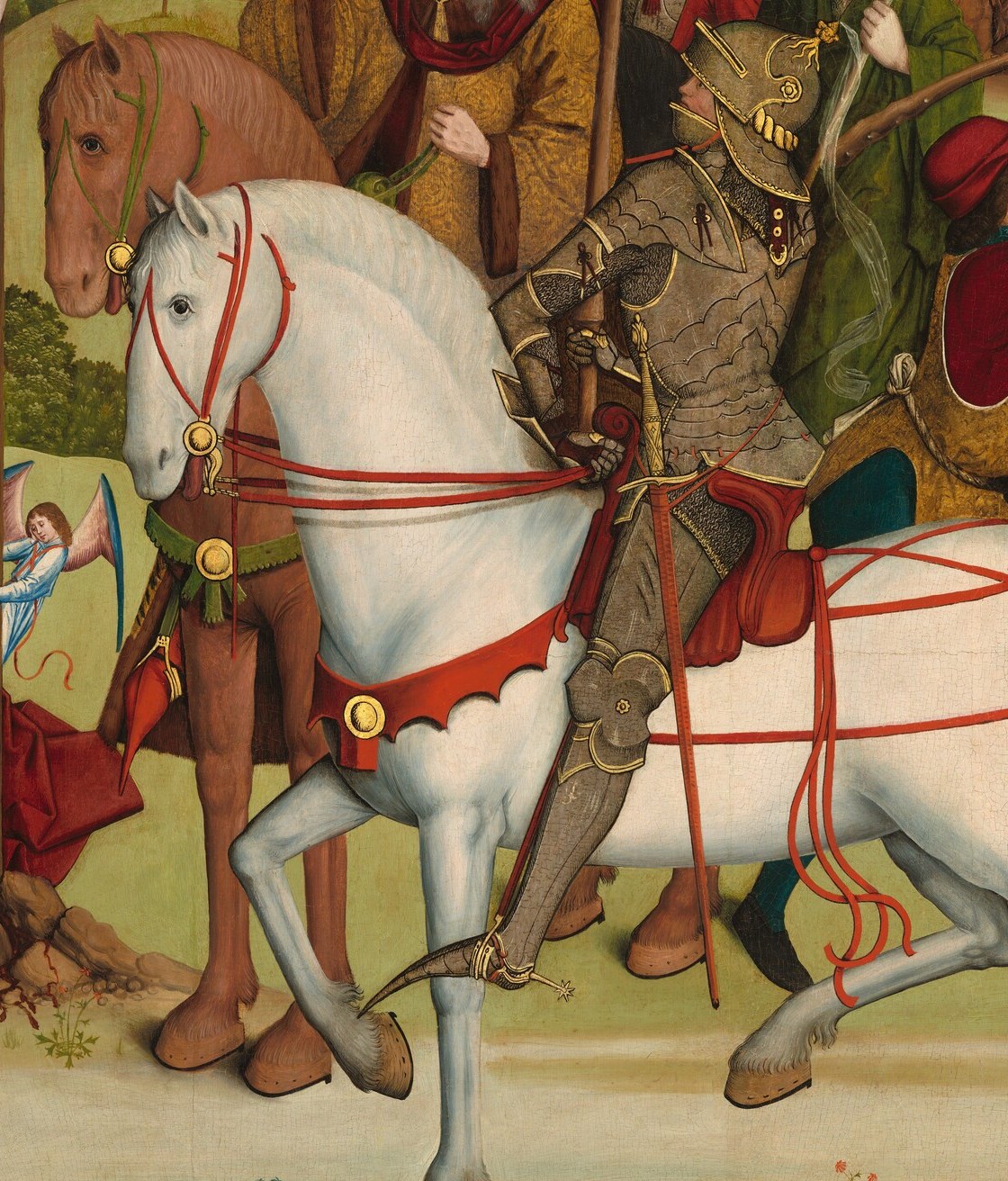 Painted with virtuoso foreshortening and shimmering highlight passages on the coat , a technical showpiece that anchors the right third of the panel.