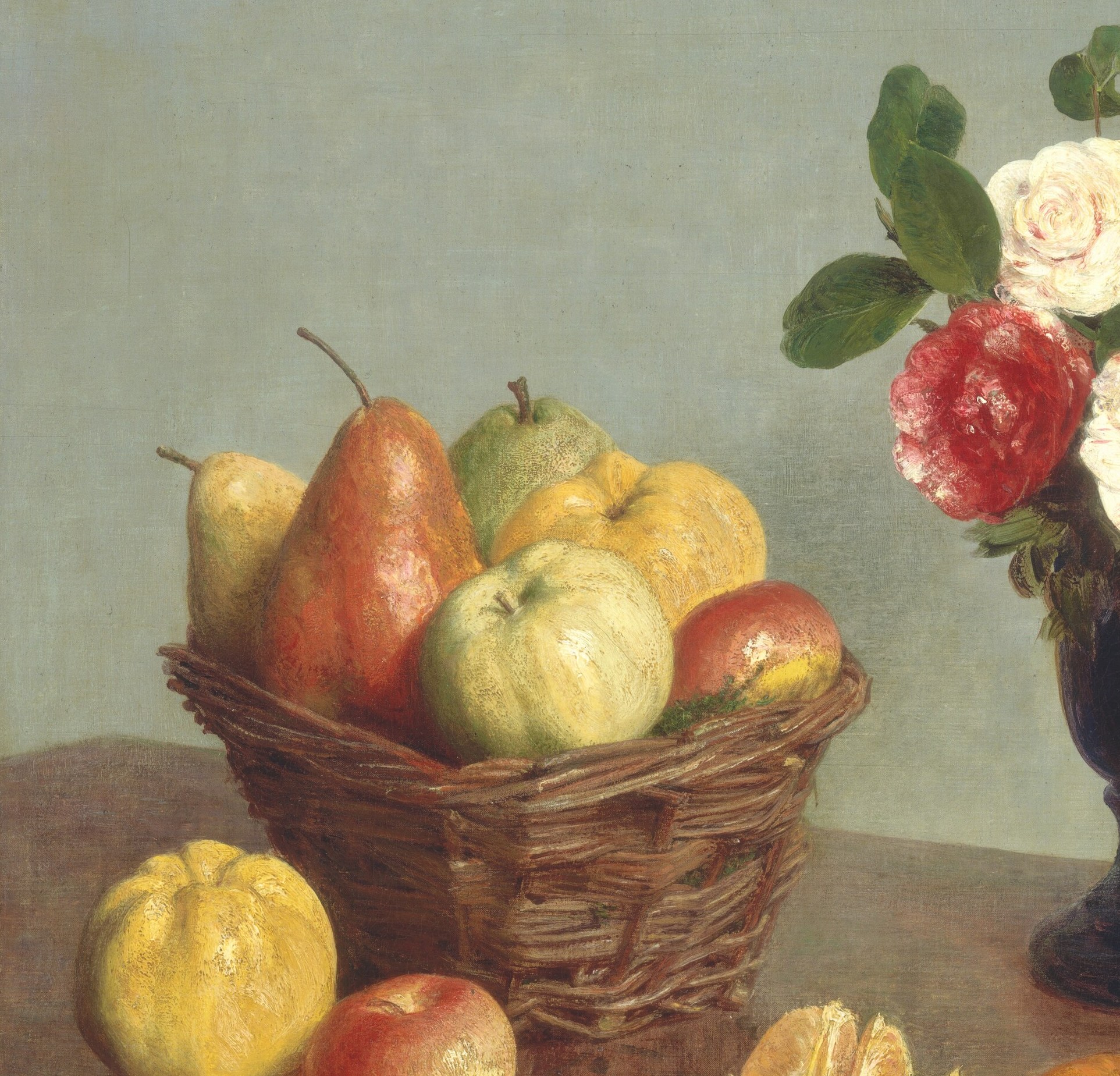 The rough woven texture of the basket plays against the smooth skins of the fruit, a deliberate textural counterpoint typical of Realist still life strategy.
