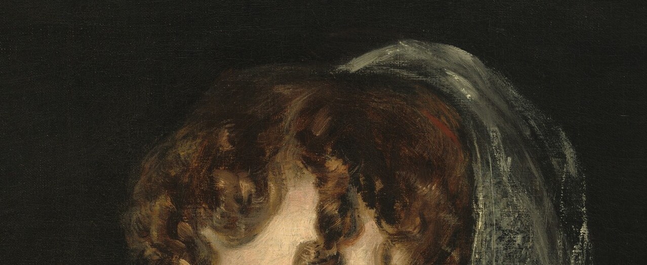 The primary emotional node: dark irises set against whites, conveying intelligence and a guarded quality; Goya rarely flatters , these eyes appraise