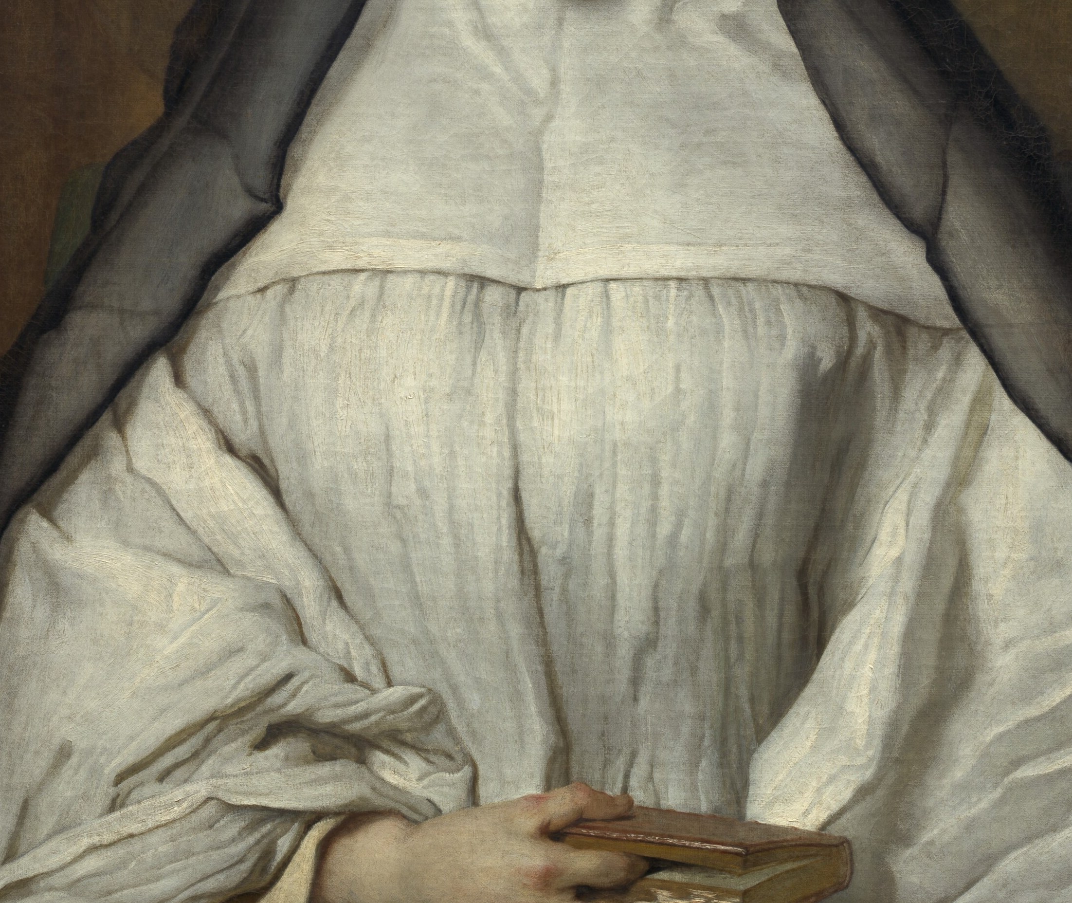 The voluminous white garment of the Augustinian Dames Anglaises; Largillierre renders the heavy fabric with subtle folds that demonstrate his mastery of textile painting.