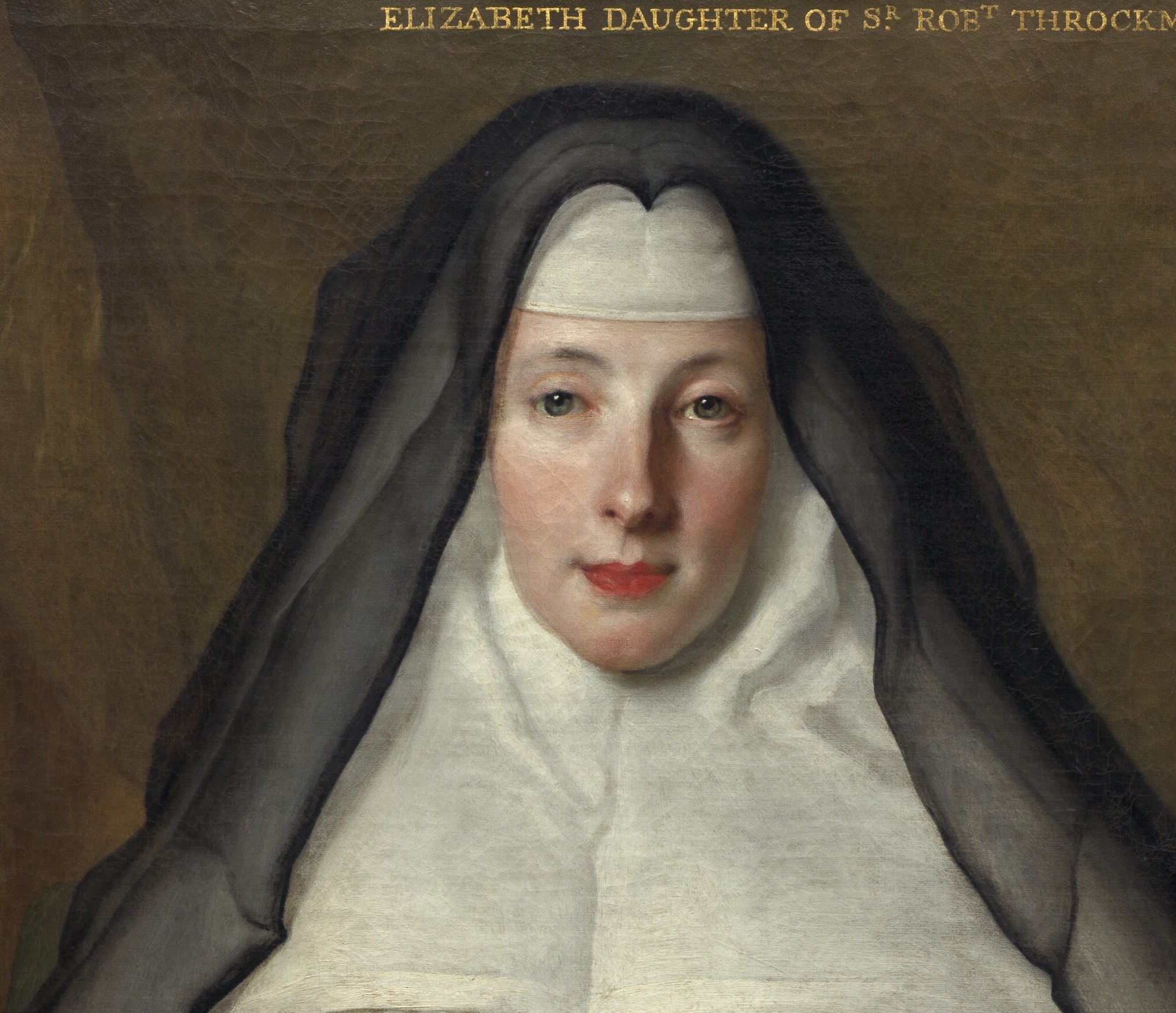 The crisp white wimple and black outer veil together identify her Augustinian order; the contrast of white linen against dark cloth creates a compositional frame that draws attention to the face.