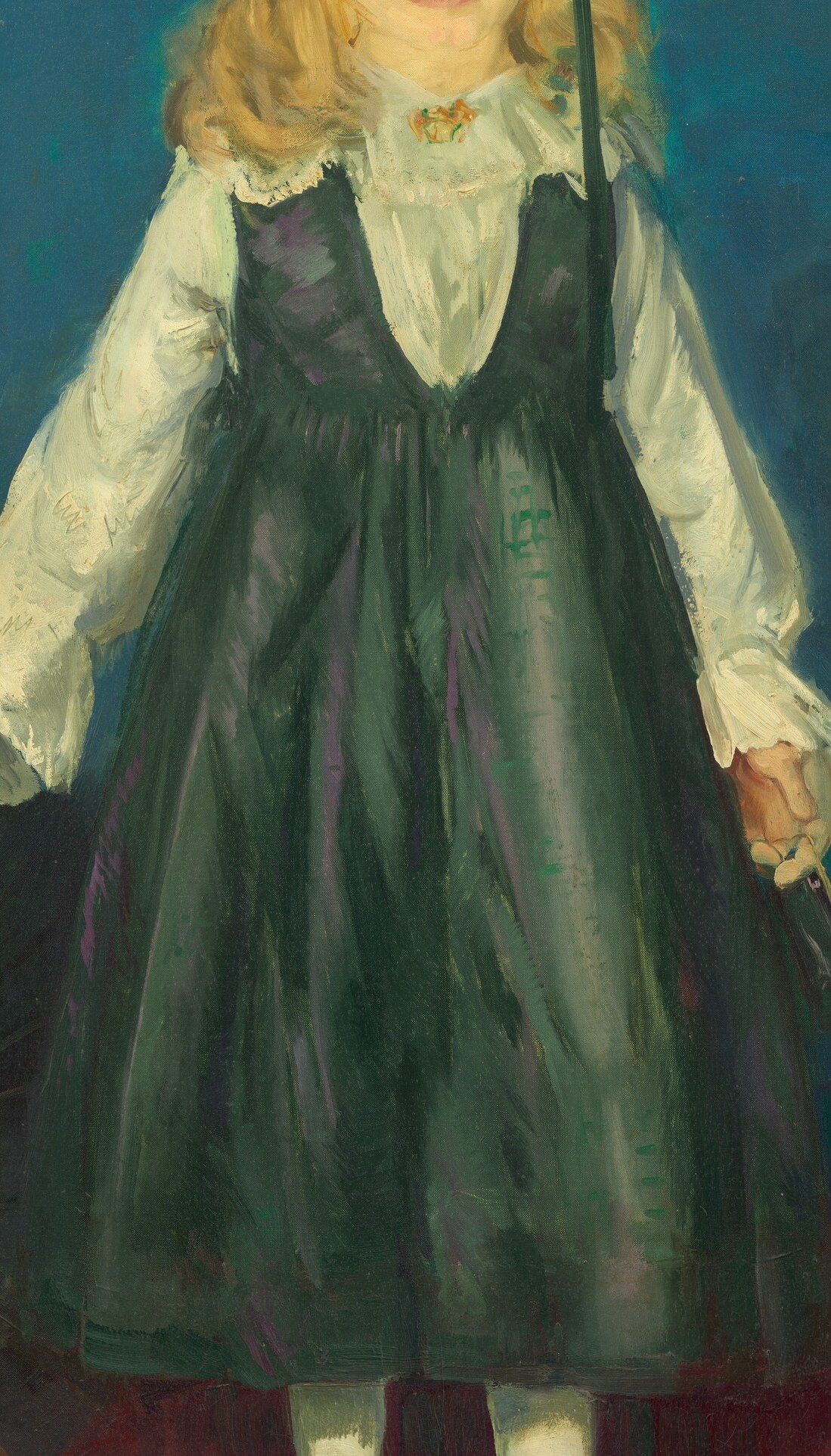 Far from flat black, the dress holds embedded blues and purples suggesting reflected ambient light , Bellows painting shadow as color, not absence of it.