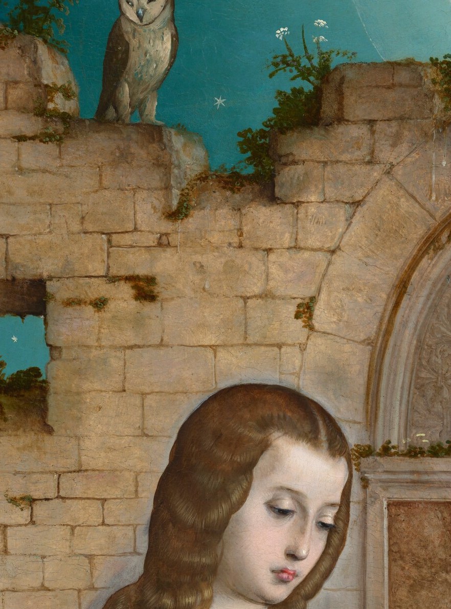 Eyes cast downward in serene adoration; the subtle tilt and closed expression convey maternal reverence without theatrical display , a quiet emotional anchor for the scene.