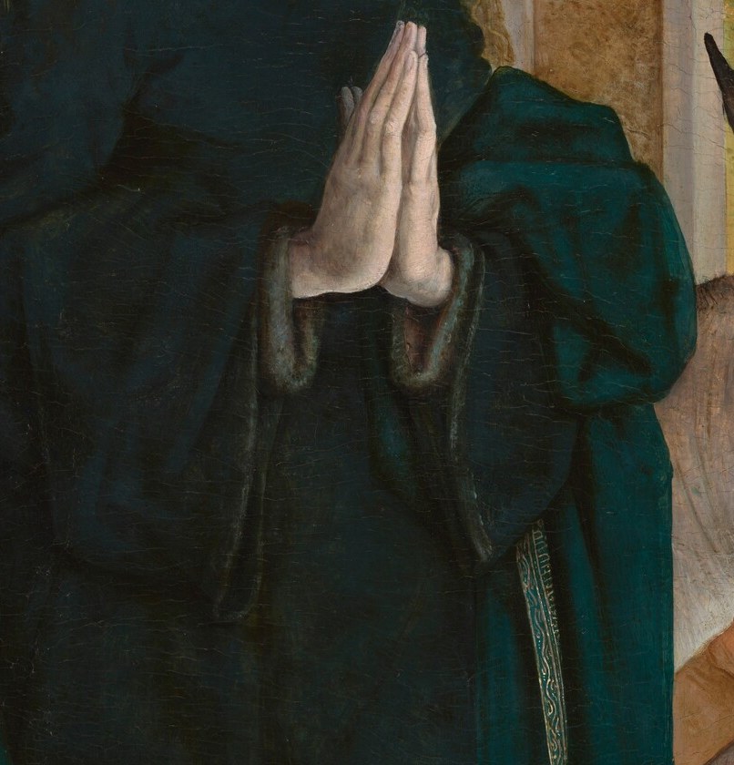 Hands pressed together directly above the Christ Child form a visual arrow pointing down to the infant; the painted delicacy of fingers shows Juan de Flandes's Flemish lineage.