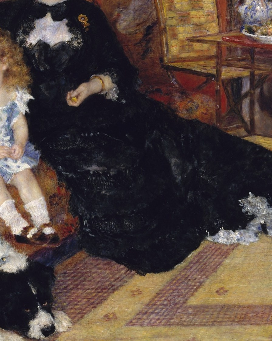 The expanse of black is a deliberate status signal , Worth of Paris was the couturier of the Parisian elite; Renoir's challenge of rendering rich black without deadening the canvas is a key technical feat.