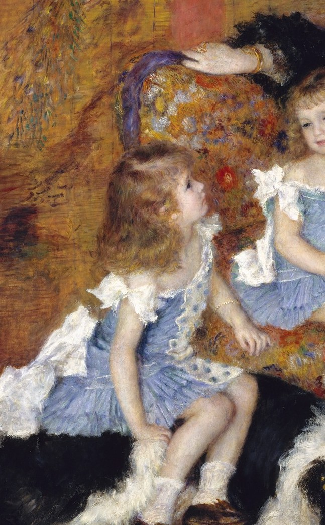 Her upright posture and direct forward gaze , unusual confidence for a child in a formal portrait , suggests Renoir captured genuine personality rather than posed decorum.
