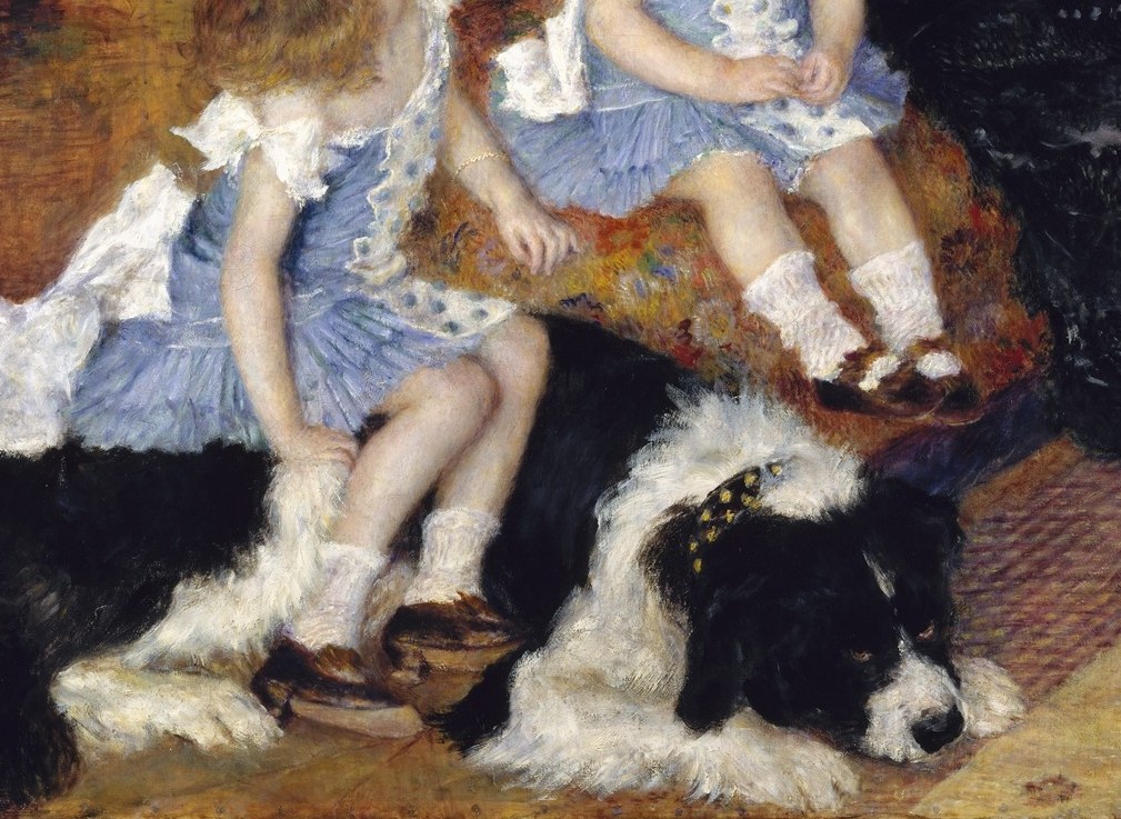 One of the largest presences in the painting, this luxury breed signals the family's wealth as clearly as the gown; the children's ease on and around it anchors the domestic warmth.