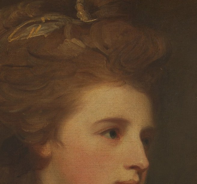 Her gown and elaborate hair signal wealth, not modesty.