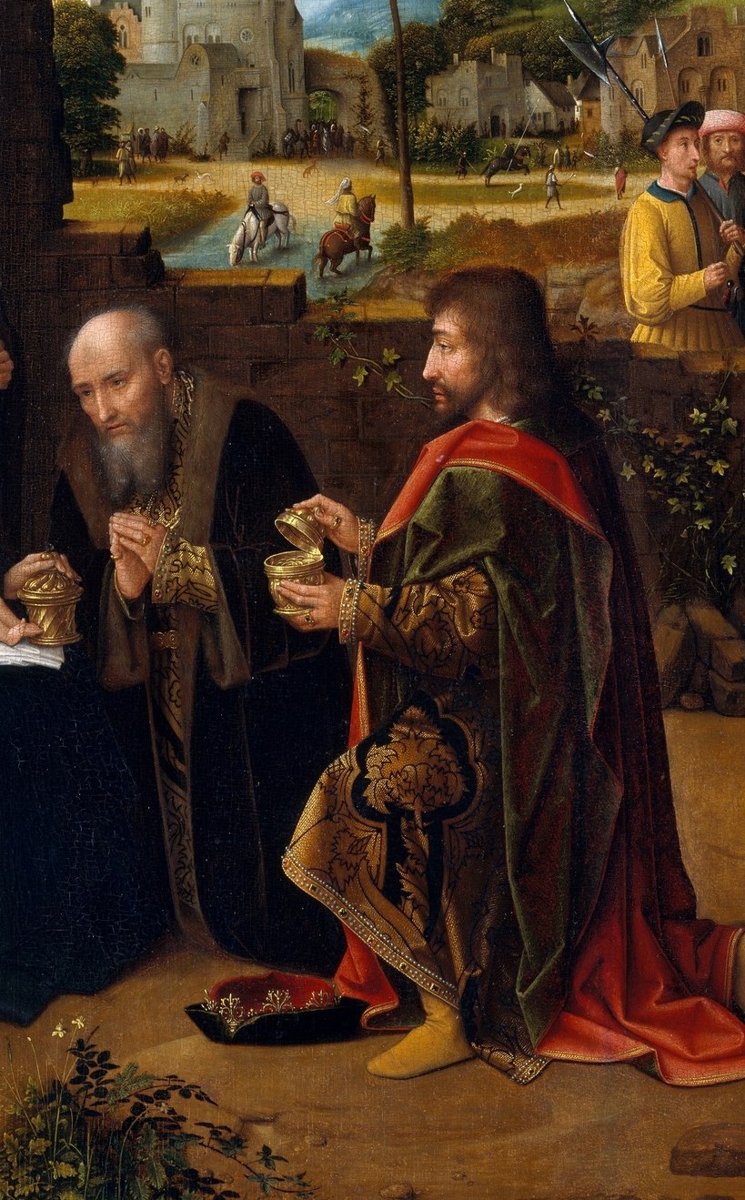 The dramatic diagonal of the kneeling body , a king submitting , carries the painting's central theological argument: worldly power bowed before divine humility.