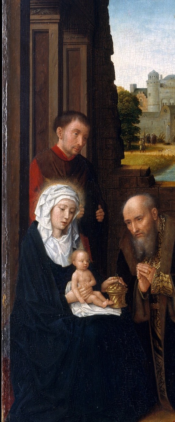 The compositional anchor , Mary's downward gaze and protective hold of the child create the emotional core from which all lines of reverence radiate outward.