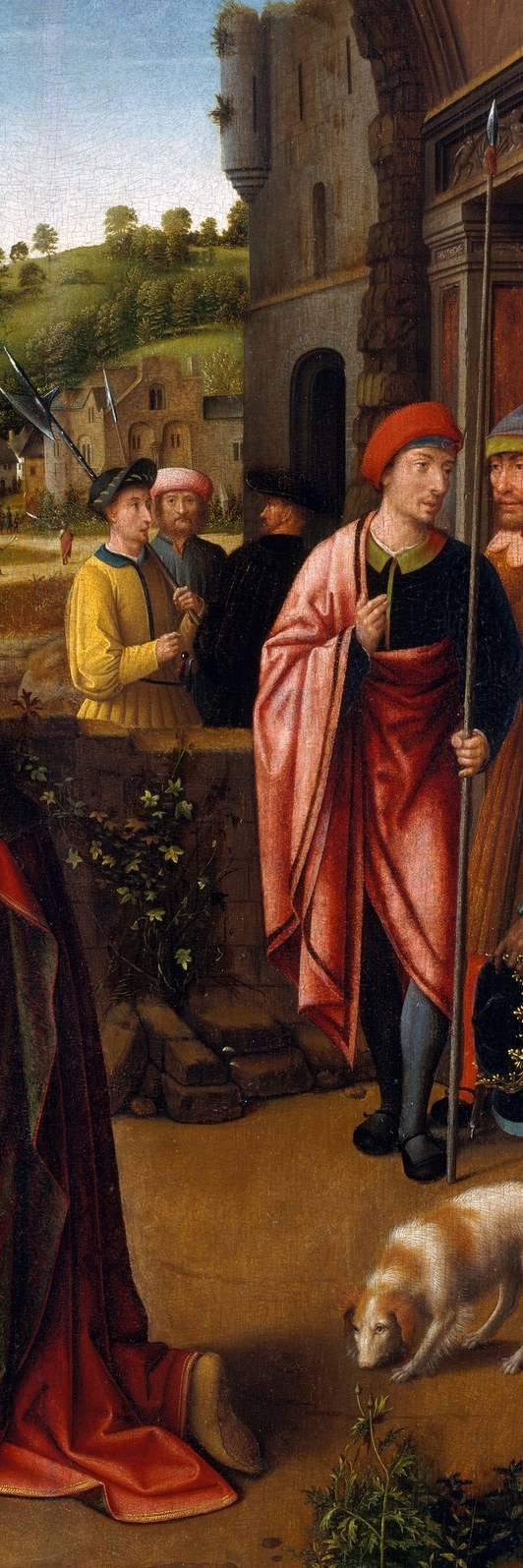 Elaborate garments in warm tones signal royal status; his posture of patient waiting contrasts with the kneeling peer, suggesting a hierarchy even among the wise men.