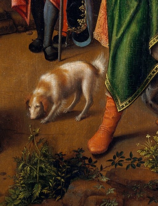 Dogs in Adoration scenes conventionally symbolize fidelity and the Gentile world's loyalty to Christ; its casual presence also grounds the scene in mundane travel reality.