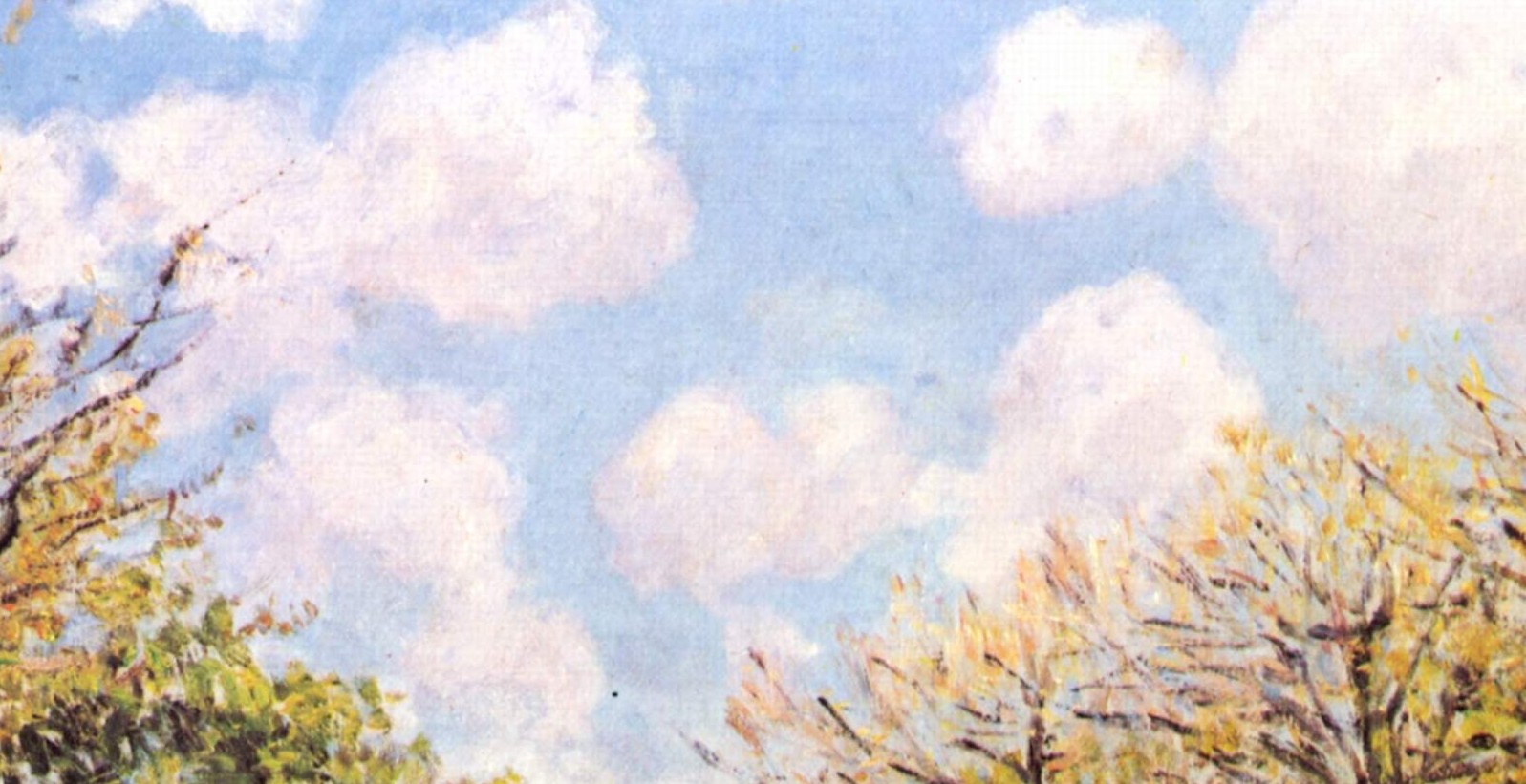 Spring or early-autumn leaves rendered in quick flicks of yellow, lime, and white , the spot where Sisley's broken-stroke technique is most visibly radical and most alive.