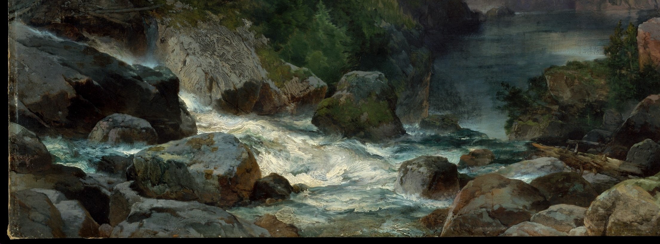He uses thick, textured paint for the craggy rocks.