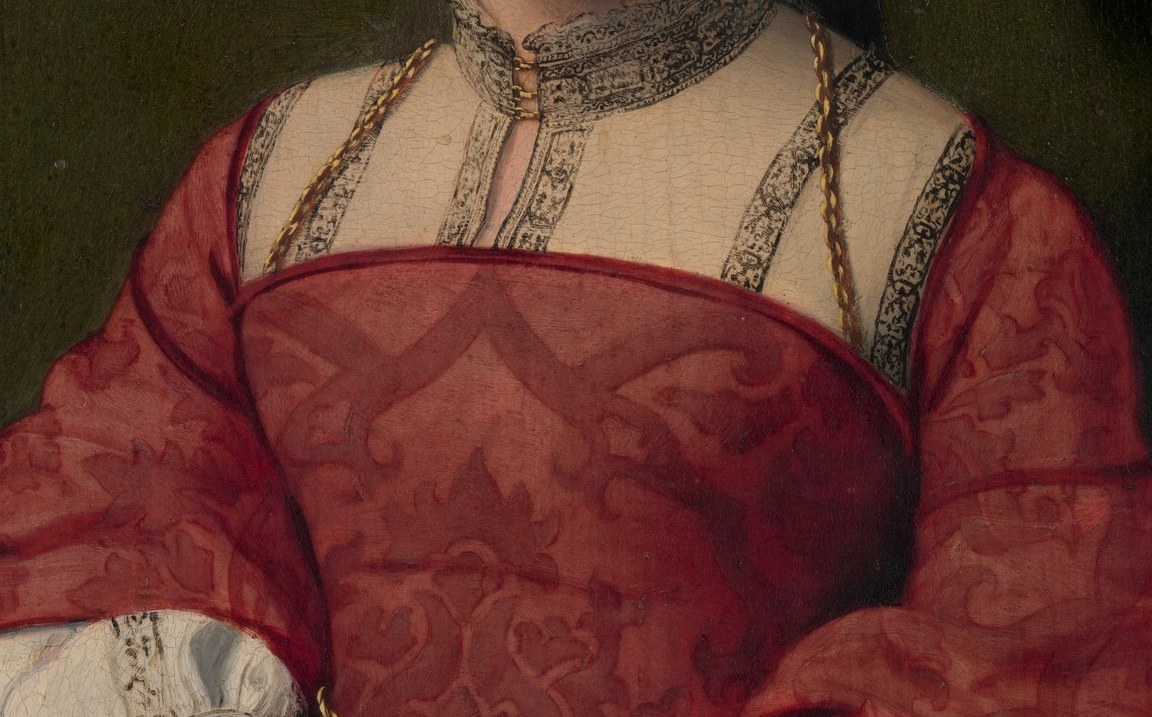 Start with the bodice, deep crimson velvet.