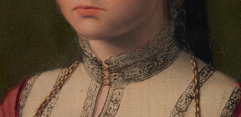 Now the linen collar. Crisp, white, every fold holding its own light.