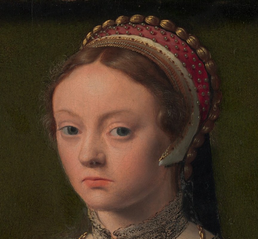 Her downward, inward gaze and rounded cheeks suggest youth , possibly a girl of 12-15 , giving the formal commission an unexpectedly vulnerable quality at close range.