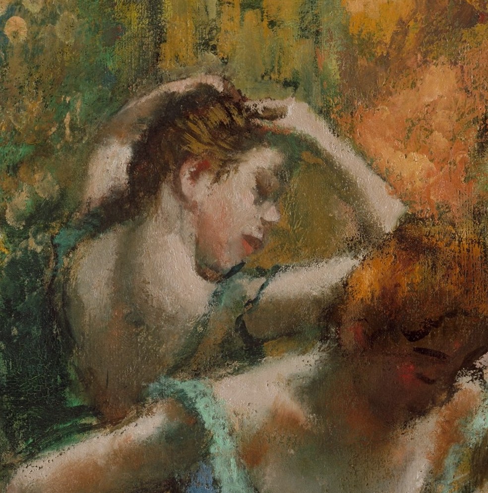 Notice her partner, adjusting her hair.