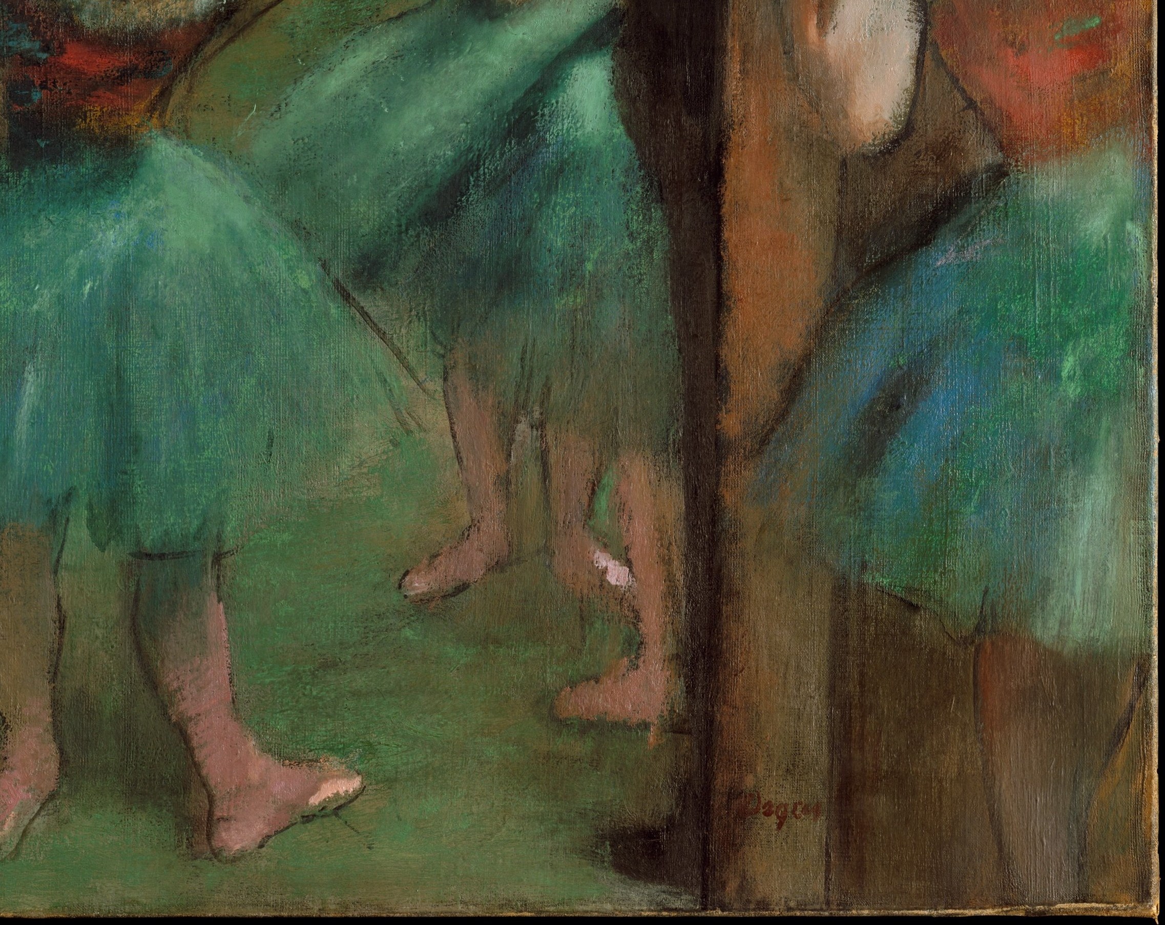The voluminous green tutus, rendered with loose brushstrokes, create a sense of movement and texture, highlighting the fabric's lightness.