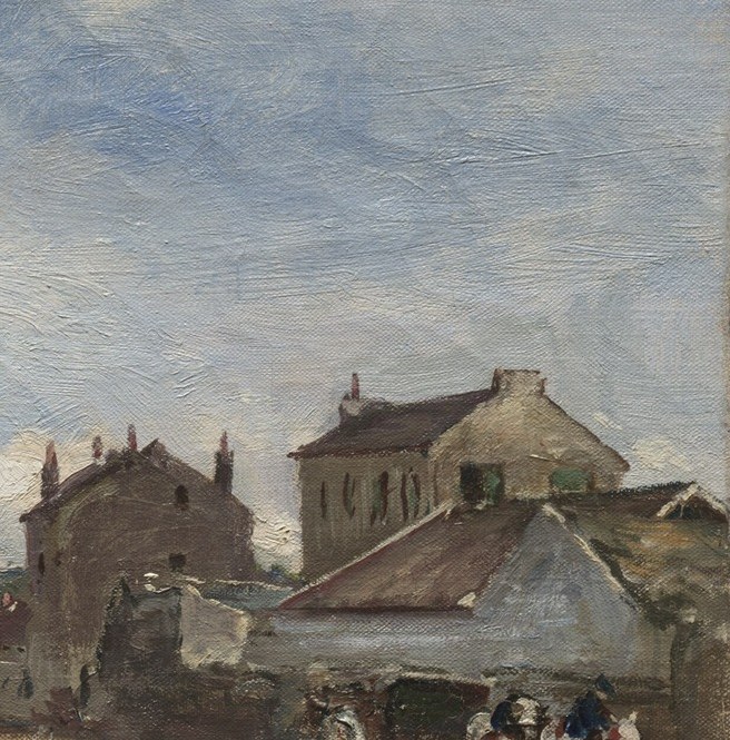 The architecture places this precisely in mid-19th-century Bas-Meudon , low tiled roofs, shuttered windows, and a wooden fence situate us in the suburban Seine villages that would vanish under Haussmann-era expansion.