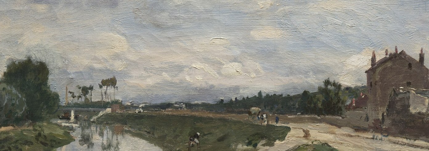The reflected clouds are painted with shorter, choppier strokes than the sky above, capturing movement; a direct comparison of the two passages reveals Jongkind's method of differentiating still air from flowing water.