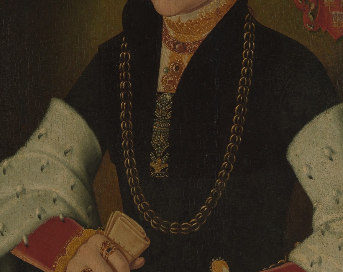 Her black gown cost a fortune. Black dye in 1557 was extravagantly expensive.