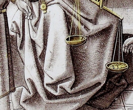 Coins sit near his lap. Worth is being weighed.