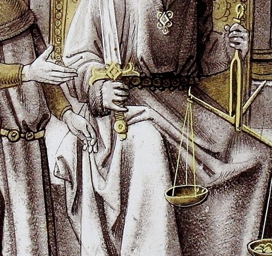In his left, the scales he must balance.