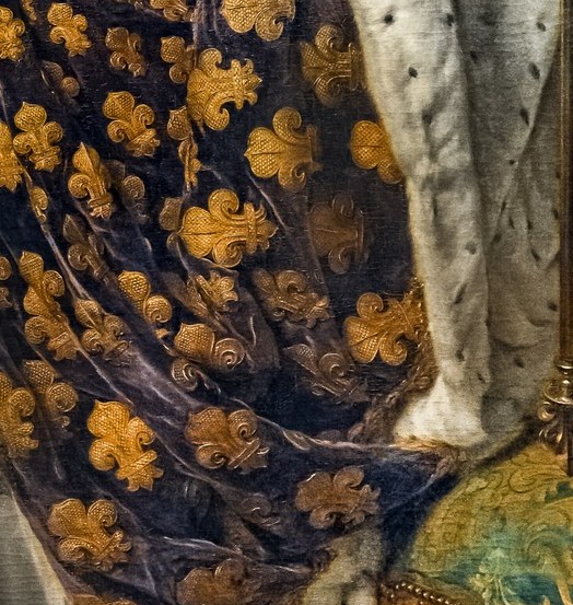 The fleur-de-lis, symbol of French royalty, covers his fabric.