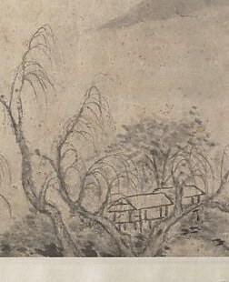 Spidery leafless branches rendered in dry brushwork establish autumn season and provide a delicate near-ground anchor; their emptiness contrasts with the dense foliage further right
