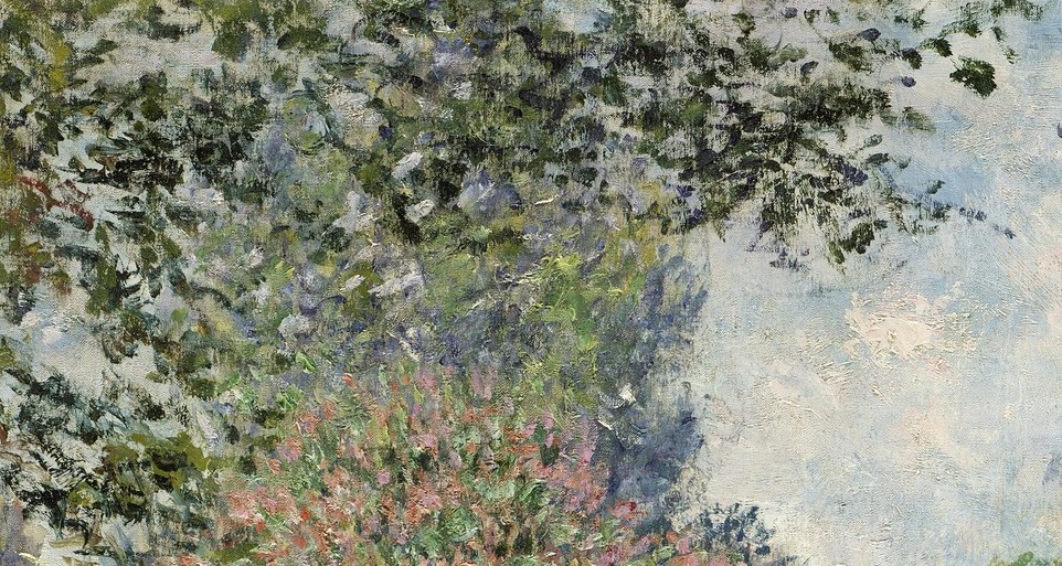 The most chromatically saturated zone; Monet piles pink and white strokes without blending, forcing the eye to complete the blossoms , the method in miniature
