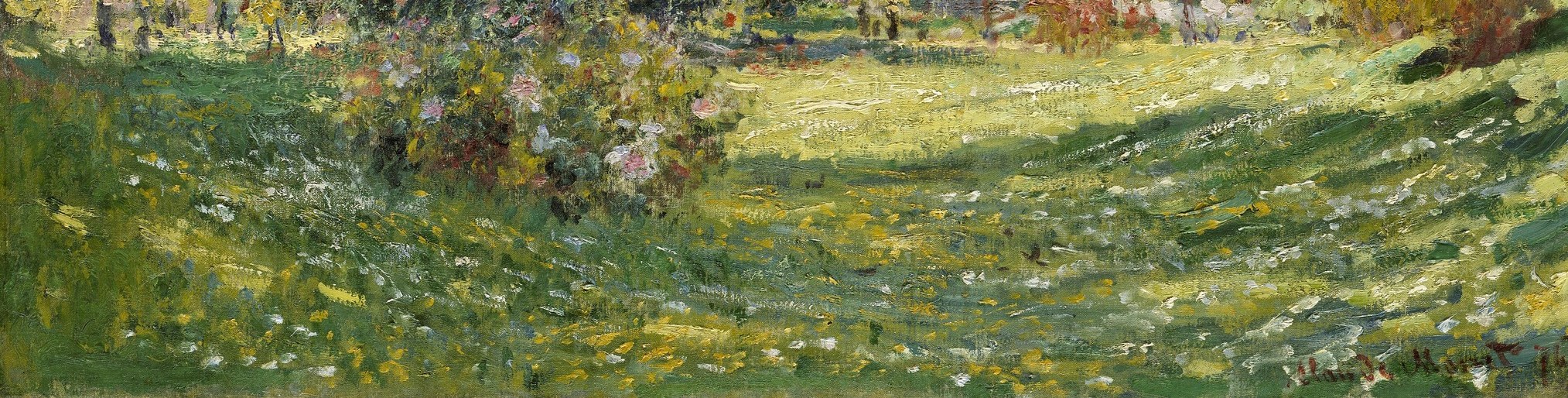 The grass is rendered with dozens of short strokes in green, gold, and ochre , a textbook Impressionist passage for capturing midday light fragmenting across turf