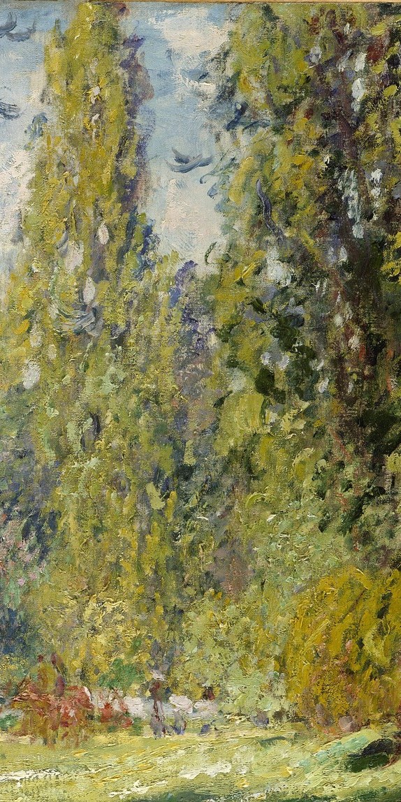 A vertical counterweight to the rounded blooming tree; its bright yellow-green reads almost luminous against the sky, showing Monet's chromatic intensity