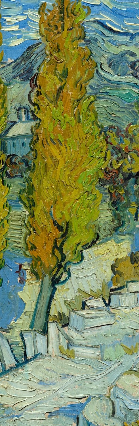 This tree mirrors the left one in its dynamic form, creating a visual dialogue and emphasizing the verticality of the scene.