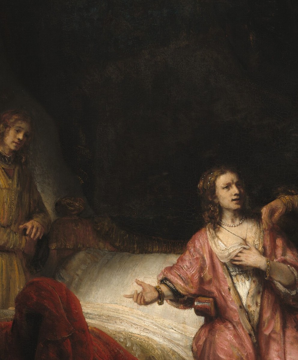 Single-source dramatic lighting typical of the Rembrandt school isolates the accuser as moral center; technique and narrative argument serve each other exactly