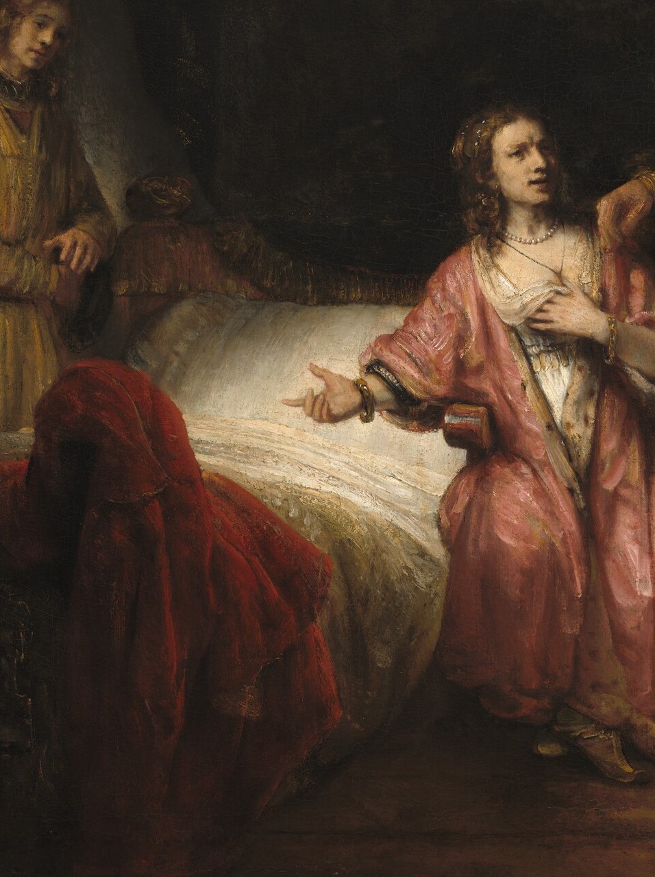 The rose fabric dominates the entire palette and is a virtuoso passage of Rembrandt-workshop textile painting , no other surface in the canvas gets this treatment