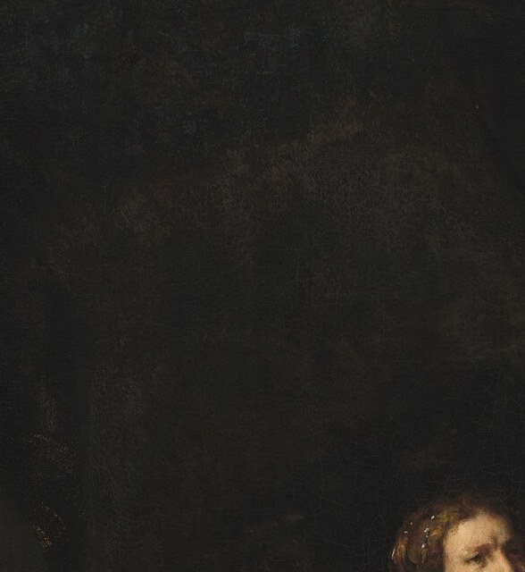 The emotional core of the deception , her expression performs innocence while engineering a false accusation; Rembrandt-school lighting singles her out as the moral pivot of the scene