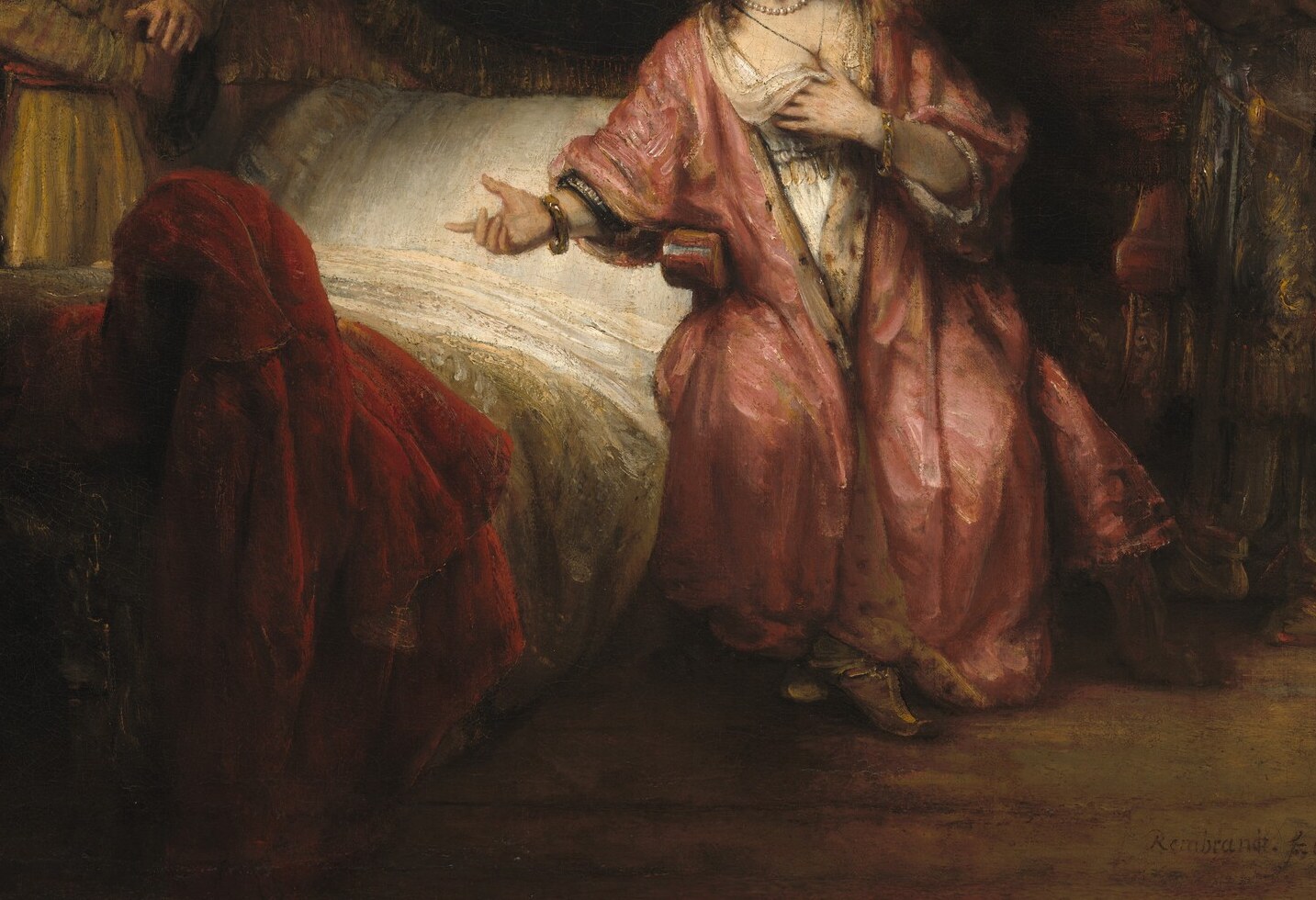 The bed is the alleged crime scene; its bright white mass anchors the composition and serves as the visual emblem of the false testimony