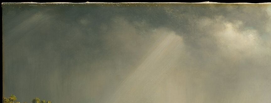 The roiling, layered cumulus mass creates the painting's emotional weight , the threatening beauty that makes the light breaking through feel earned and miraculous.