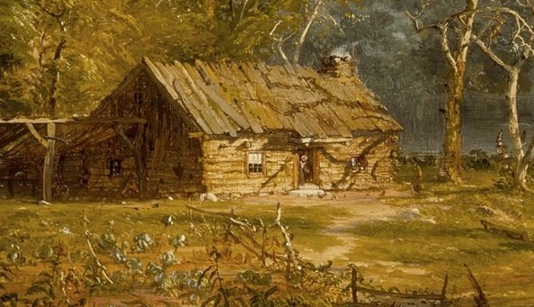 Notice the small cabin, a pioneer's home in the wilderness.